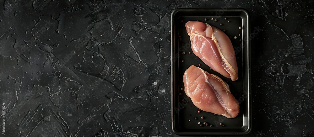 Poster a steel tray holds raw chicken breast fillet steaks with a black background seen from above with spa