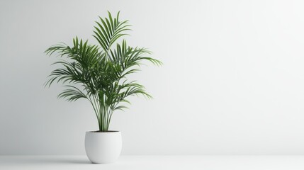 Fototapeta premium Green Plant in White Pot Against a White Wall