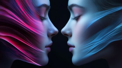 Fototapeta premium A captivating image of two ethereal faces merging with colorful light waves, representing harmony and duality in a surreal style.