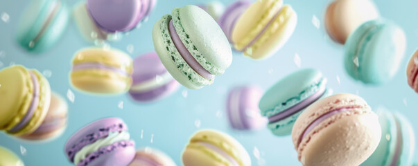 Vibrant Macarons in Mid-Air with Soft Focus Background banner