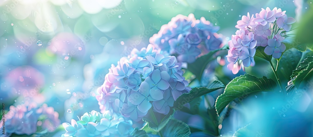 Fototapete beautiful hydrangea flowers in a garden with a selected focus on french hydrangea macrophylla or hor