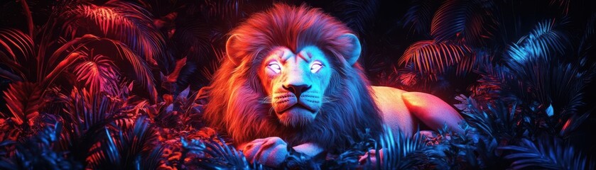 Fototapeta premium Render a vivid image of a holographic lion in a neon-lit virtual jungle