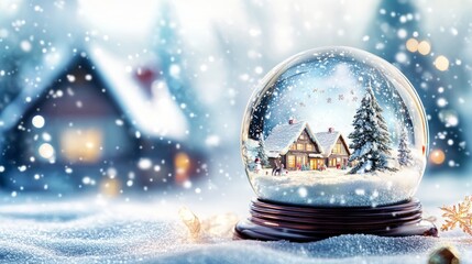 A snow globe with a snowy winter scene inside, sitting on a snowy surface. The snow globe is in focus, and the background is out of focus.