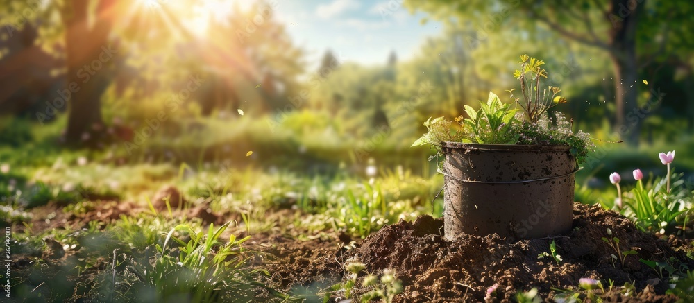 Poster Spring village garden features plastic composter bin with layers of decomposing compost and a scenic background with copy space image