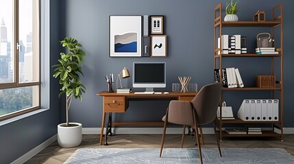 Fototapeta premium 41. Modern home office setup with a comfortable chair and a well-organized desk, designed for efficient and pleasant working from home