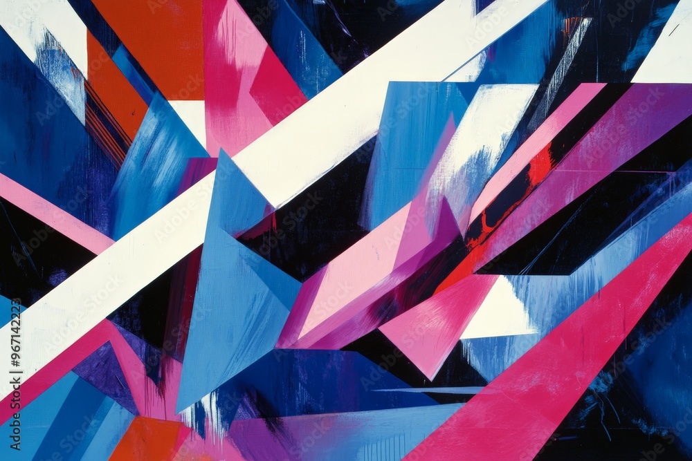 Poster this dynamic abstract artwork features a striking combination of blue, pink, and white angles that c