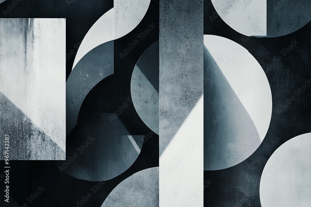 Aufkleber This grayscale abstraction presents varied geometric shapes and lines, forming a visually intriguing composition that blends hard and soft edges seamlessly for a modern look.