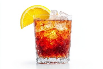 Refreshing Iced Tea Cocktail with Lemon Slice in Faceted Glass. Isolated on White Background.