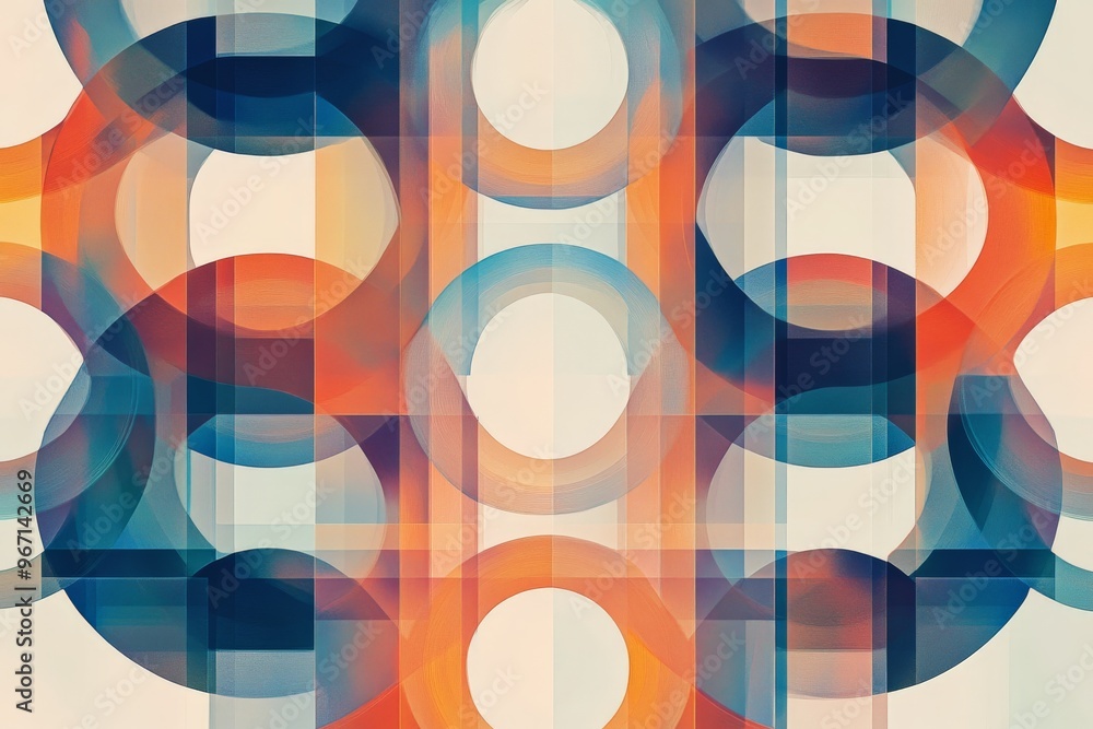Fototapete an artistic abstract composition featuring interlocking circles and squares in vibrant teal, orange,