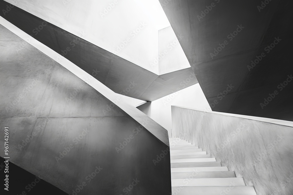Aufkleber This black and white image showcases an abstract view of modern architecture, focusing on sharp intersecting lines and geometric shapes, creating a stunning visual composition.