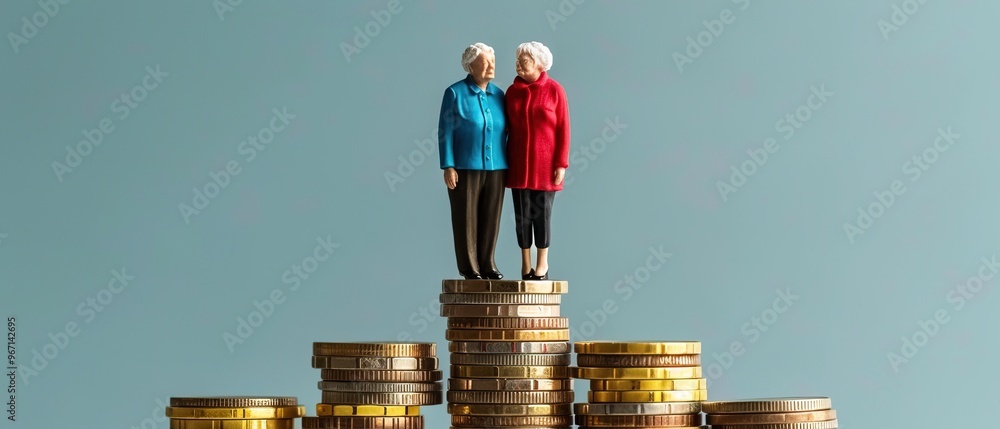 Sticker Concept of retirement planning. Old couple standing on top of coin stack