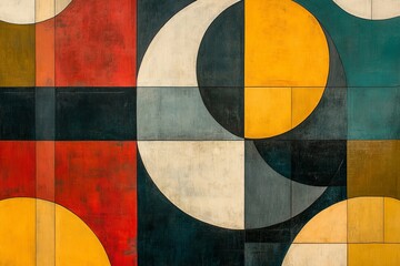 A retro-inspired abstract geometric artwork featuring bold shapes in red, yellow, and blue tones, symbolizing creativity, nostalgia, and vibrant energy.