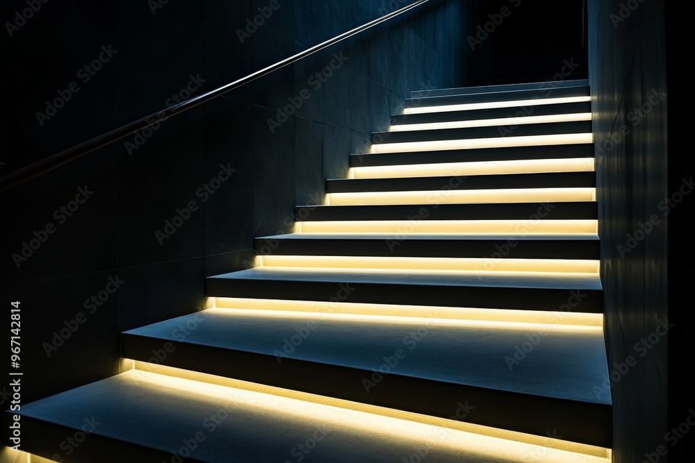 Poster This image features a modern staircase illuminated by strategically placed lighting underneath each step, highlighting contemporary design and providing a sense of direction and sophistication.
