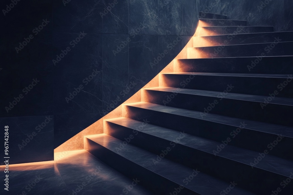 Poster this photograph depicts a contemporary dark staircase accented by warm lighting along its edges, cre