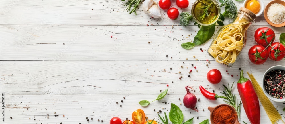 Poster italian ingredients for making pasta with vegetables spices and herbs displayed in a top view on a w