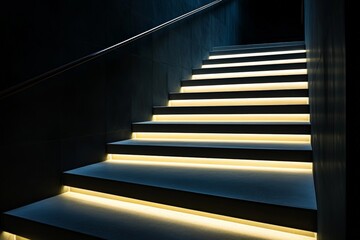 Fototapeta premium This image features a modern staircase illuminated by strategically placed lighting underneath each step, highlighting contemporary design and providing a sense of direction and sophistication.