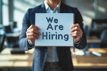 A man in a professional business environment holding a We Are Hiring sign, emphasizing job openings and recruitment opportunities in a corporate atmosphere.