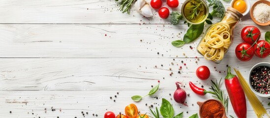 Italian ingredients for making pasta with vegetables spices and herbs displayed in a top view on a white wooden background ideal for an Italian healthy vegan meal with copy space image