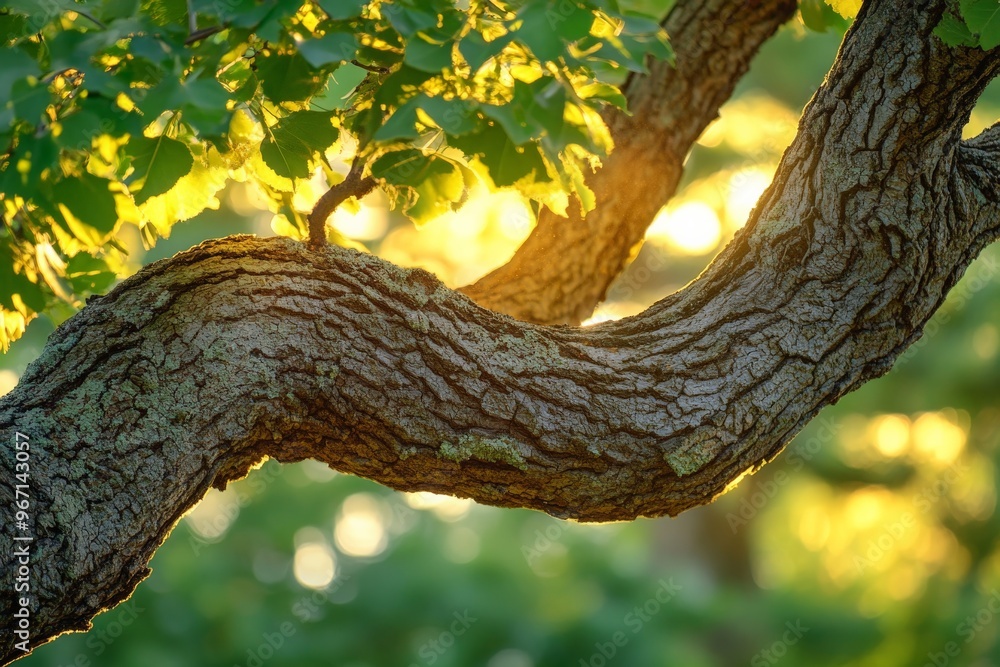 Poster A gnarled tree branch adorned with leaves captures the gentle afternoon sunlight filtering through, creating a natural, serene, and tranquil scene filled with nature's beauty.
