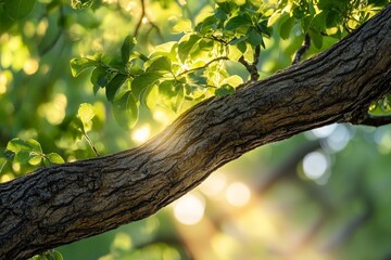 Obraz premium A graceful tree branch elegantly winds as sunlight streams through lush foliage, capturing a moment of natural beauty and tranquility amidst a sunlit environment.