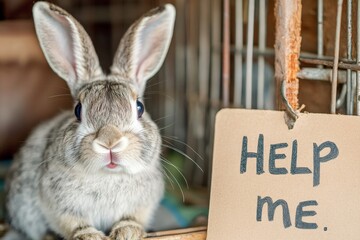 A rabbit is captured inside a rusty cage looking towards the camera with bright eyes and a sign 'HELP ME' on the side, calling attention for aid and rescue.