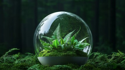 How can the glass dome in the image symbolize the fragility of the environment and the importance of protecting it through sustainable practices,