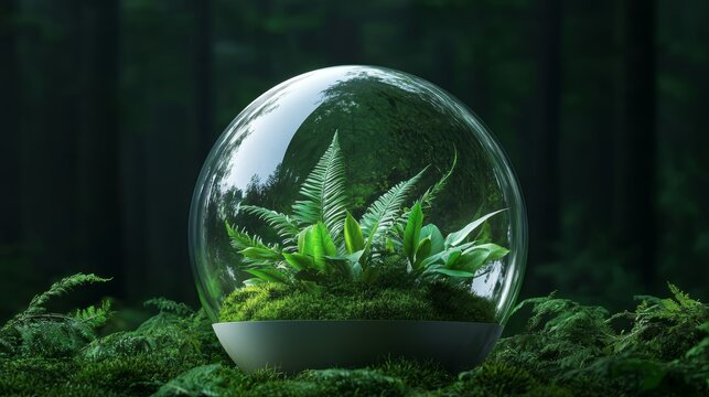 How can the glass dome in the image symbolize the fragility of the environment and the importance of protecting it through sustainable practices,