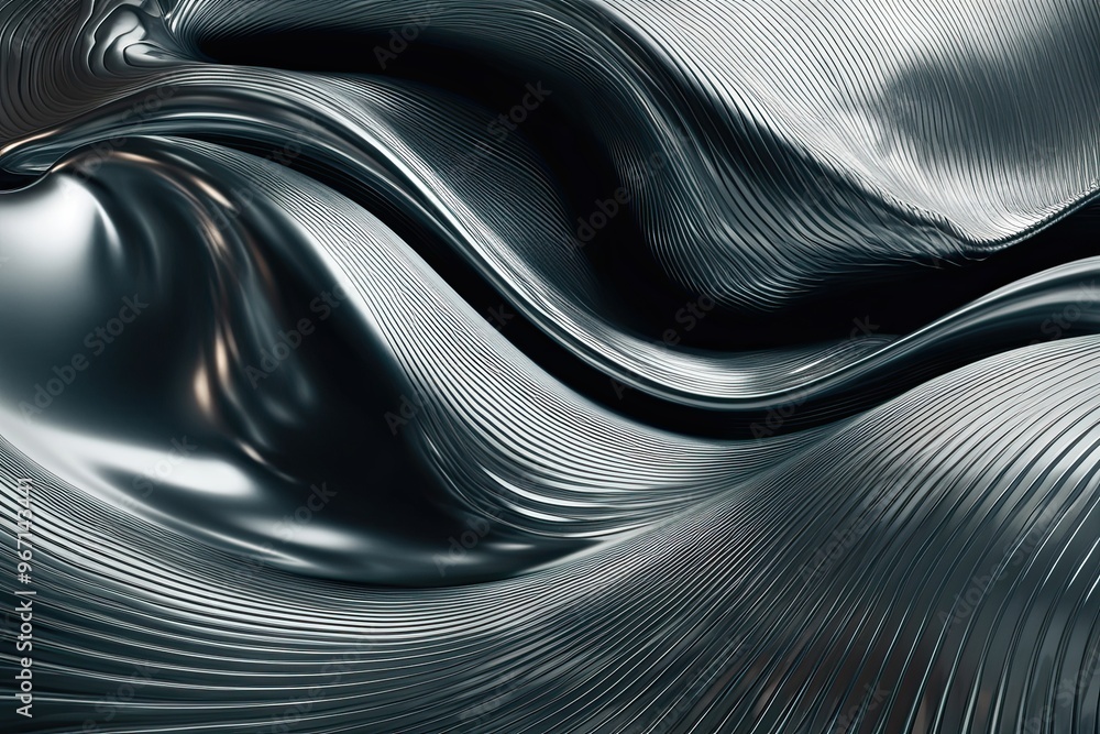 Poster dynamic fluid shapes and undulating metallic textures in conceptual artwork