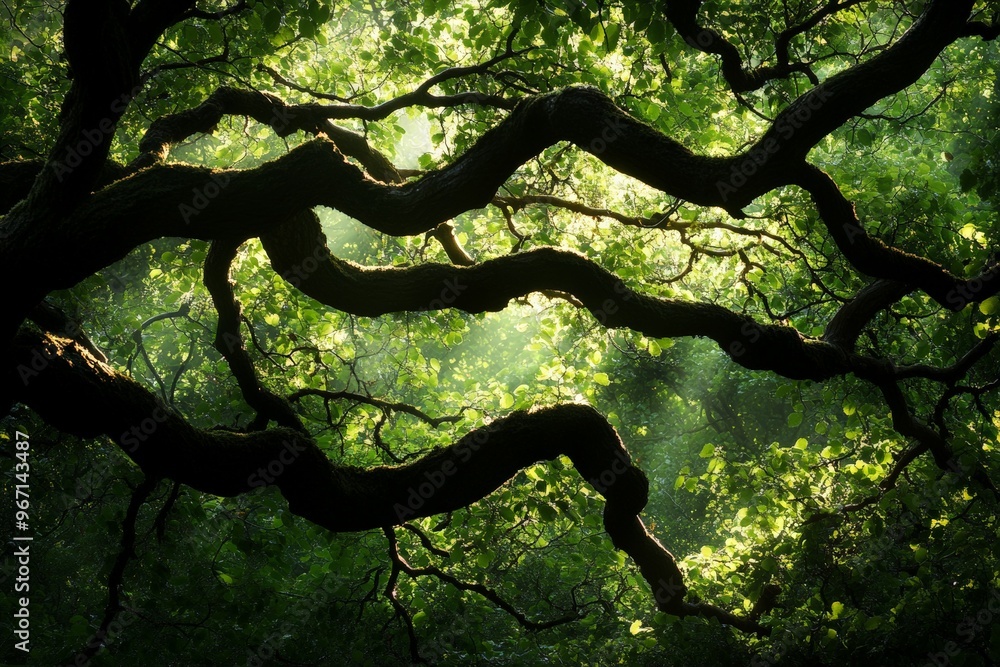 Poster A mesmerizing view of twisting tree branches creating a vibrant canopy, with sun rays piercing through, offering a serene and nature-filled atmosphere.