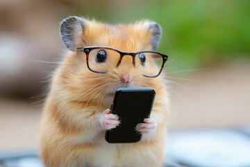 A cute hamster wearing glasses, holding a smartphone in its tiny paws, creating an amusing scene where the pet seems to emulate human behavior in a modern context.