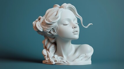 A serene and elegant white ceramic bust of woman with intricate hair details, showcasing peaceful expression against simple blue background. 