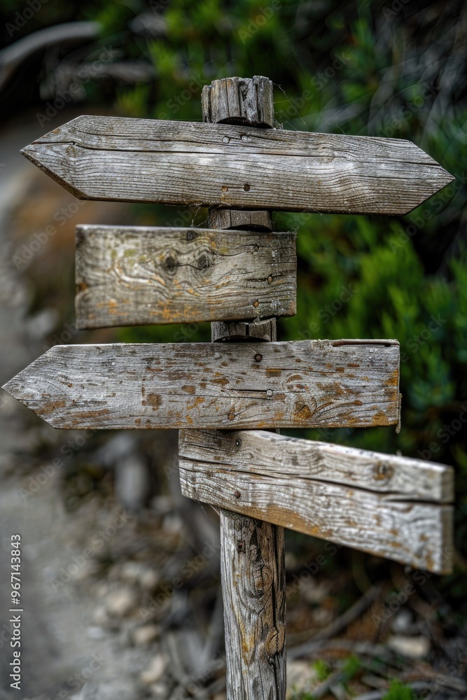 Poster a wooden signpost with arrows pointing in multiple directions, useful for maps, wayfinding, and navi