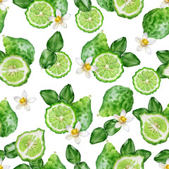 Seamless Watercolor Bergamot Fruit Pattern with Leaves and Flower
