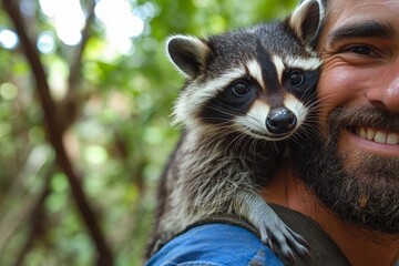 Obraz premium A raccoon is comfortably perched on a person's shoulder, with a lush, green forest background, illustrating a unique and friendly interaction between human and animal.
