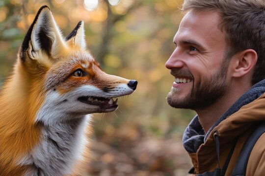 A cheerful, bearded man smiling closely beside a fox in a warm autumn forest setting, capturing a wonderful moment of connection and companionship between human and animal.