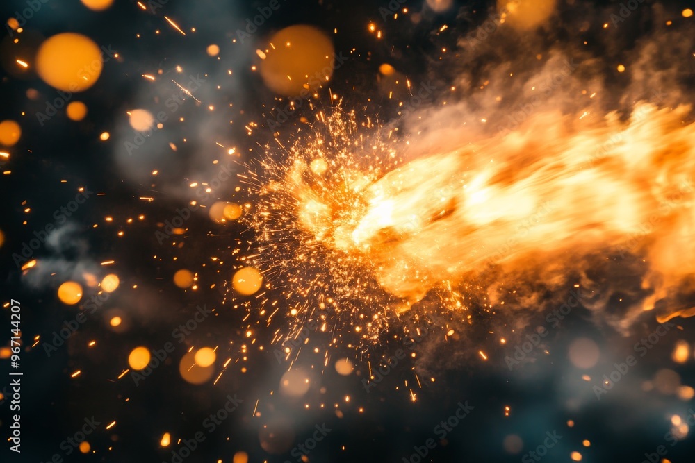 Poster A captivating image showcasing a bright and explosive burst of light with fiery particles flying around, creating a dynamic and energetic visual effect.