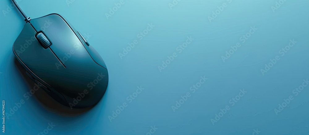 Poster top view of a wired mouse and mousepad on a light blue backdrop with copy space image available