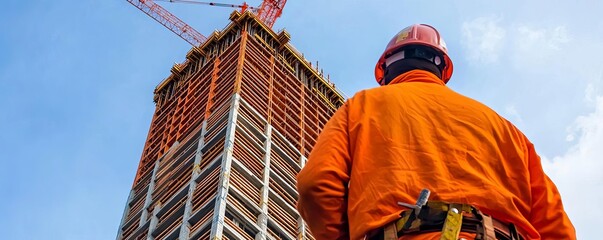 Steel Framework of Skyscraper Under Construction, clear blue sky, construction cranes, workers scaling heights, urban development, towering structure, ambition