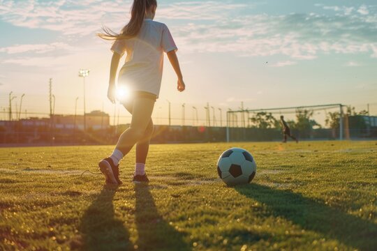 A young girl kicks a soccer ball on a grassy field - Powered by Adobe