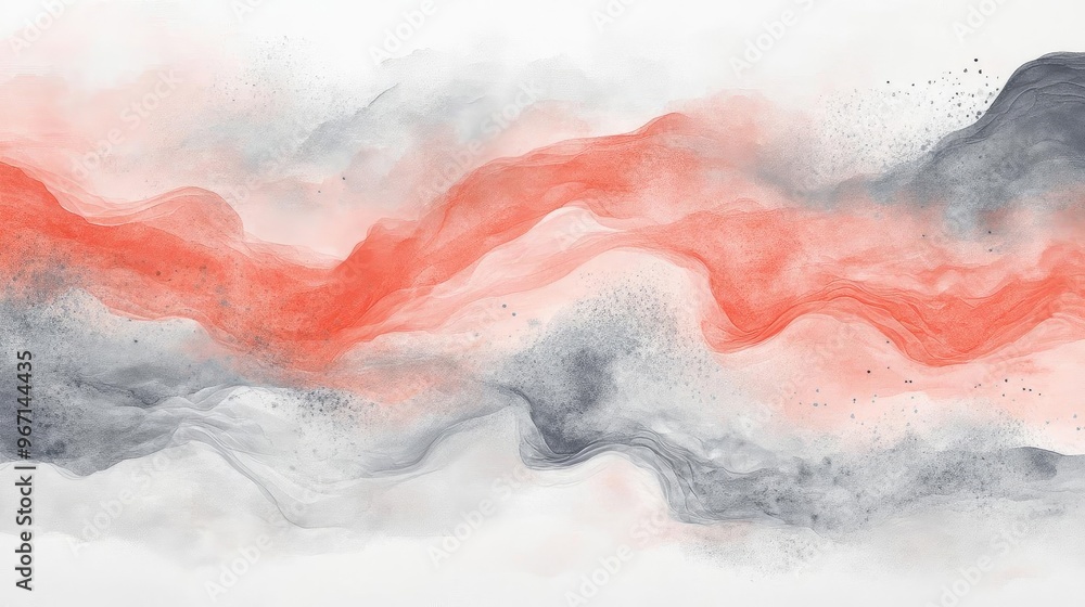Poster an elegant abstract painting featuring flowing red and gray waves on a white background, perfect for