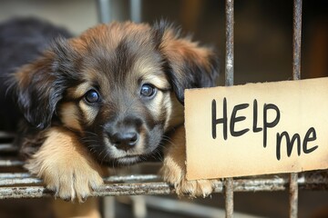 An adorable puppy with expressive eyes, holding onto a 'Help Me' sign, inside a kennel. This image evokes strong emotions of compassion and urgency for pet adoption.