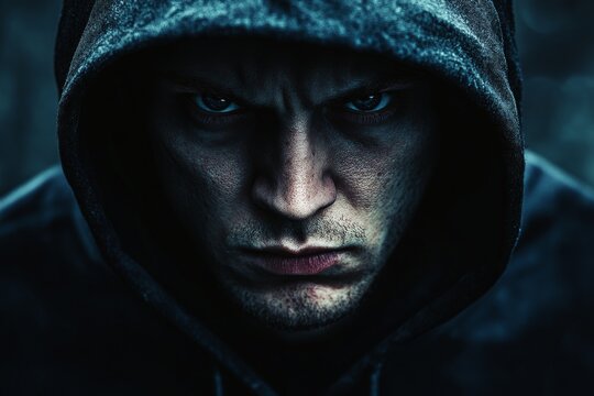 A close-up photo of a young man with piercing eyes, partially hidden under a hooded sweatshirt, exuding a sense of mystery and intensity in a dimly lit setting.