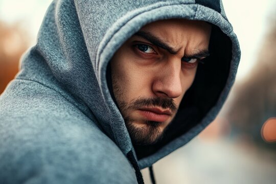 A close-up photo of a man with a skeptical and somewhat hostile expression, wearing a hooded sweatshirt, highlighting a confrontational and distrustful mood in an urban setting.