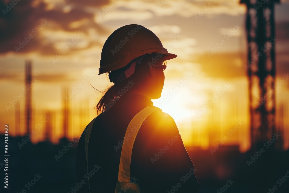 Canvas Prints Silhouette of a Construction Worker at Sunset