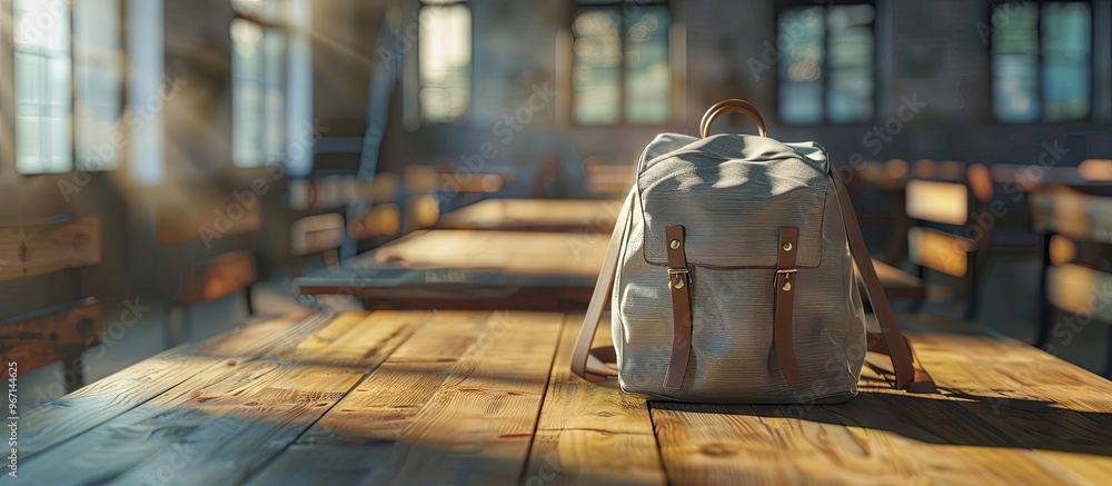 Poster classroom with a school backpack placed on a wooden table suitable for design purposes with copy spa
