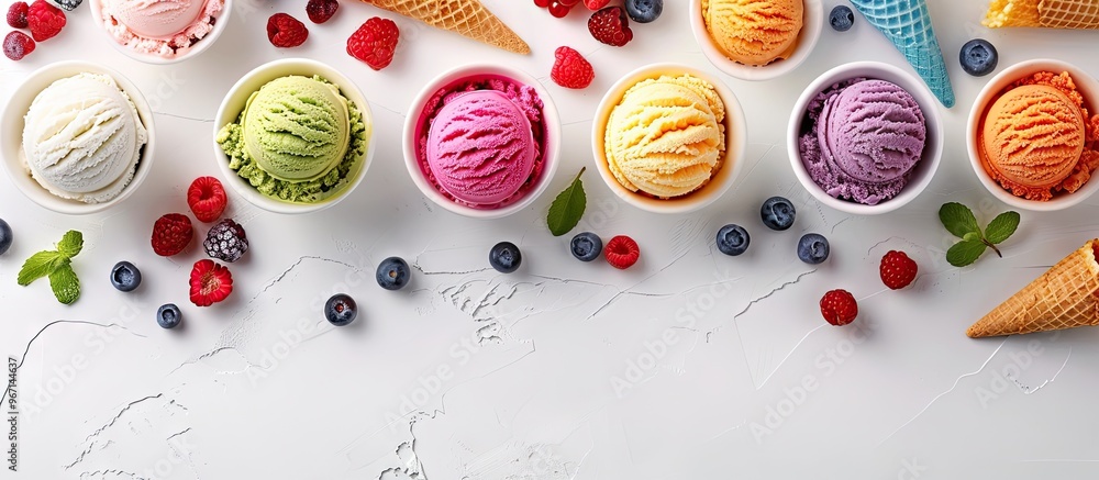 Poster a variety of vibrant ice cream scoops in bowls accompanied by waffle cones and berries displayed on 