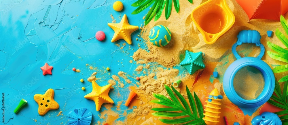 Aufkleber top view of adorable toys for playing with sand on a colorful backdrop with copy space image