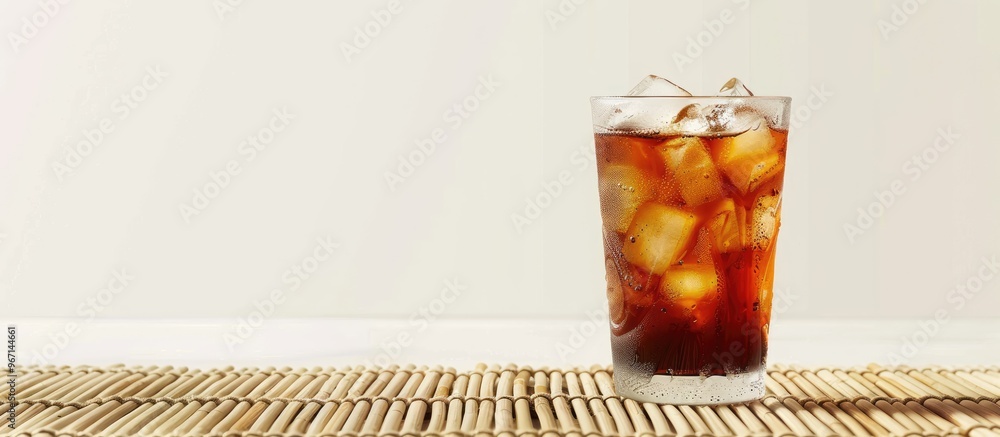 Fototapete iced americano coffee displayed on a bamboo mat against a white background emphasizing the isolation