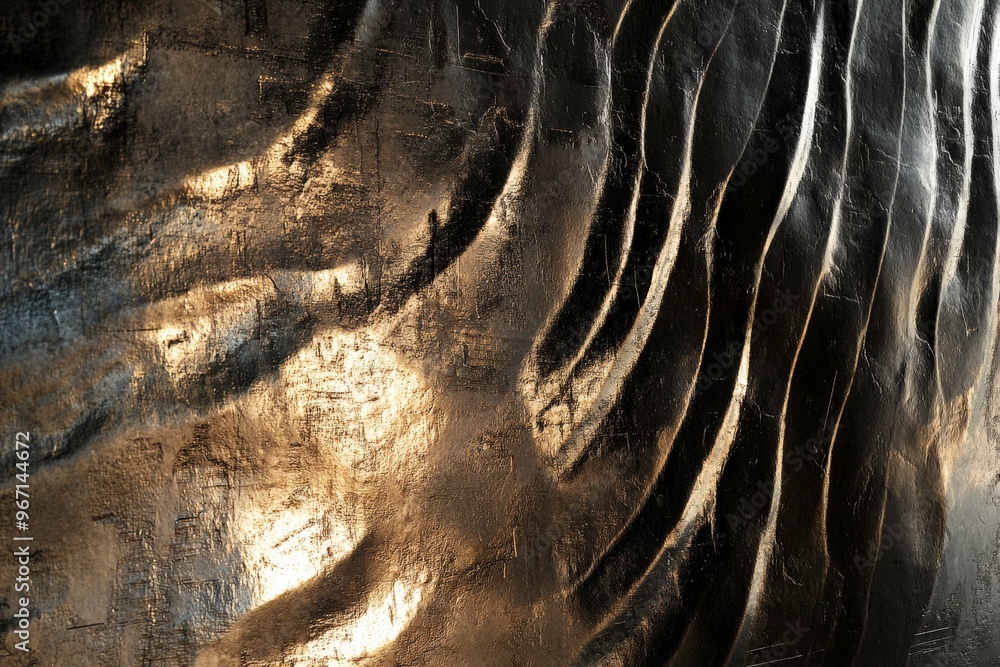 Aufkleber A textured metallic wall with intricate wave patterns reflecting light, adding depth and character to the surface, suitable for a modern and artistic setting.