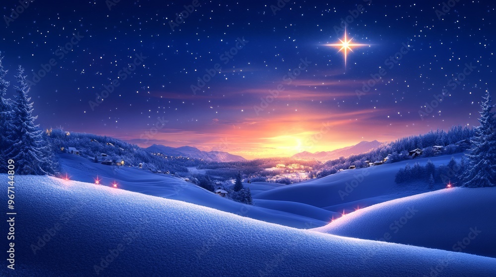 Wall mural A snowy landscape with a bright star shining in the night sky over a village nestled in the mountains.